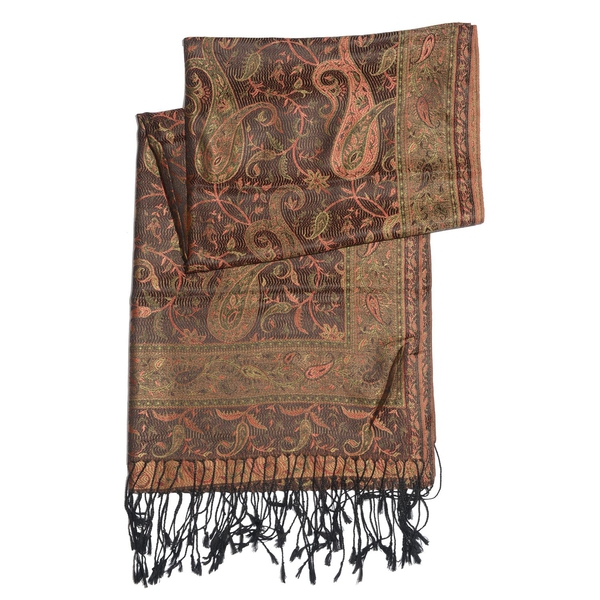SILK MARK - 100% Superfine Silk Chocolate and Multi Colour Paisley and Leaves Pattern Green Colour Jacquard Jamawar Scarf with Fringes (Size 180x70 Cm) (Weight 125-140 Grams)
