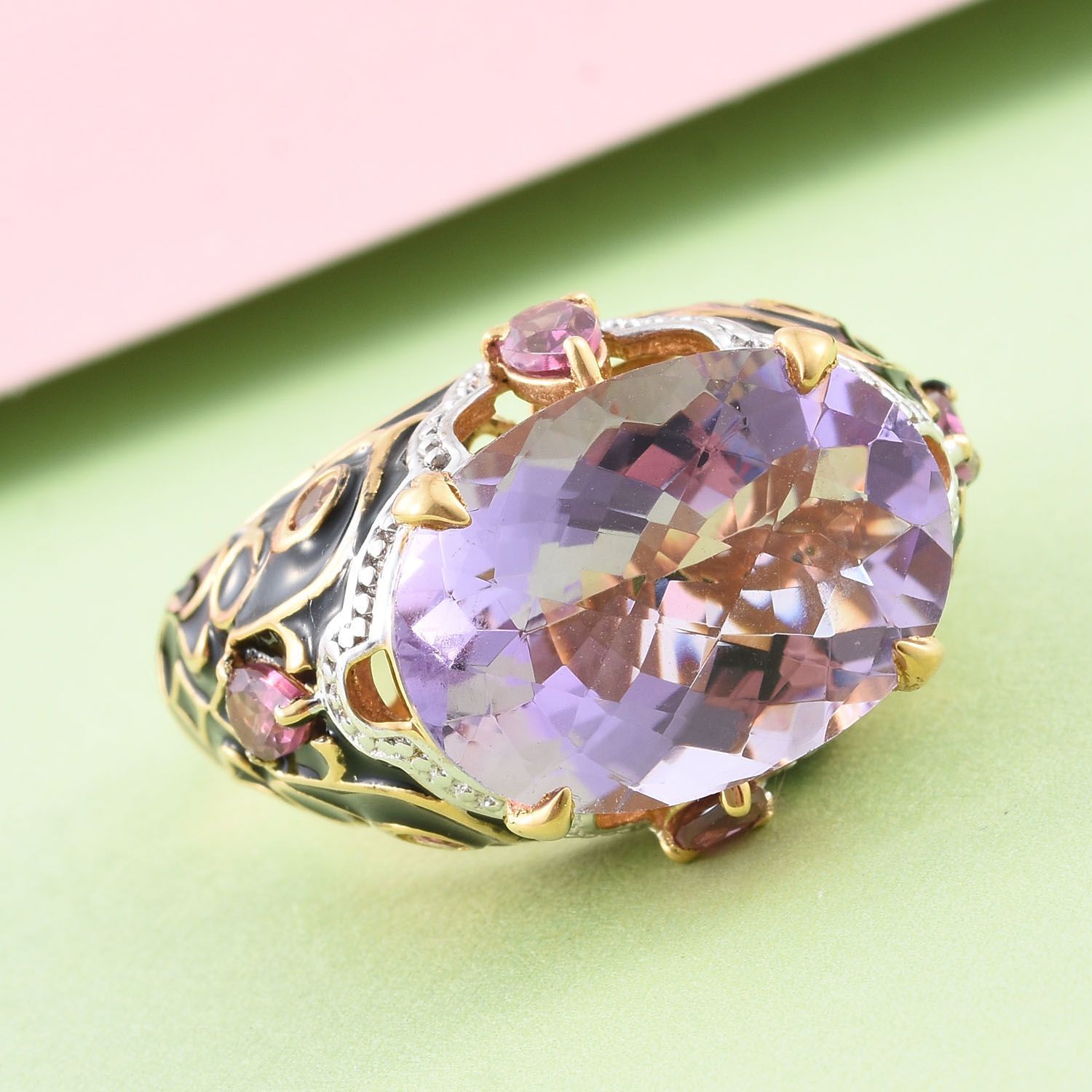 GP Rose De France Amethyst (Ovl 10.50 Ct), Rhodolite Garnet and Kanchanaburi Blue Sapphire Filigree Enameled Ring in 14K Gold Overlay Sterling Silver 11.750 Ct.