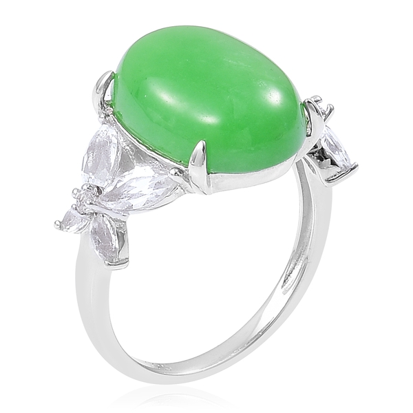 Green Jade (Ovl 11.25 Ct), White Topaz Ring in Rhodium Plated Sterling Silver 12.750 Ct.