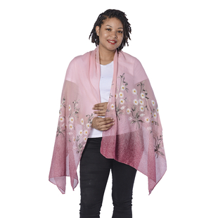 Peach and White Floral Embroidery Scarf with Dark Pink Spray Dots (65x180cm)