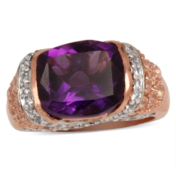 Zambian Amethyst (Cush 4.25 Ct), White Topaz Ring in Rose Gold Overlay Sterling Silver 5.650 Ct.