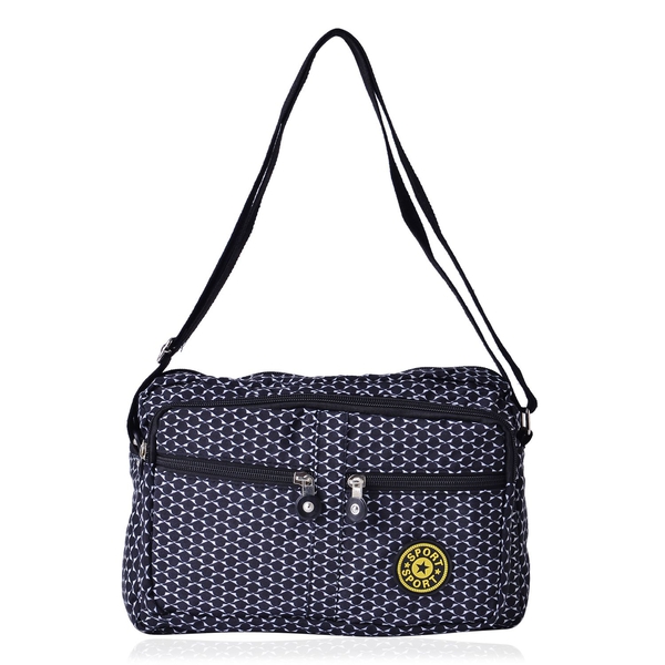 Black Dots Pattern White Colour Sports Bag With External Zipper Pocket and Adjustable Shoulder Strap