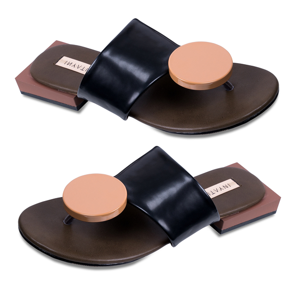 Inyati Giana Open Toe Slip On Sandals in Black and Tan Colour