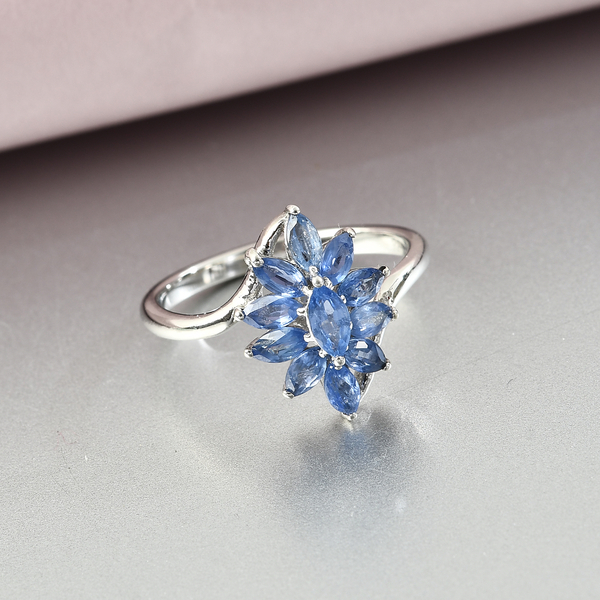 Natural Blue Sapphire Floral Ring in Platinum Overlay Sterling Silver 1.04 Ct.