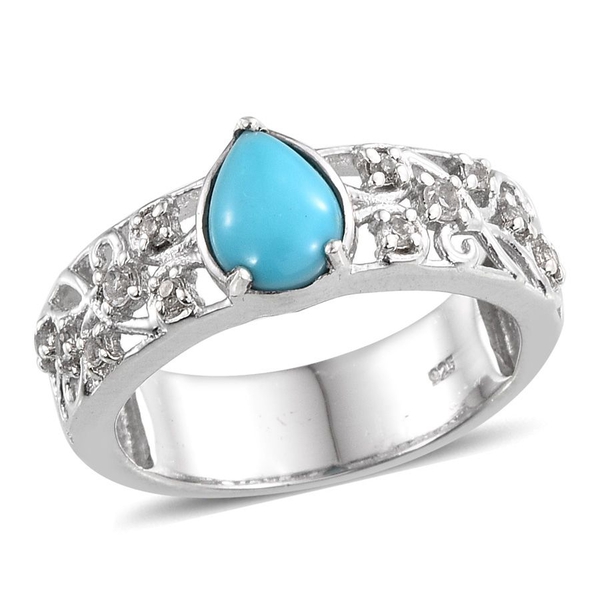 Arizona Sleeping Beauty Turquoise (Pear 0.75 Ct), White Topaz Ring in Platinum Overlay Sterling Silver 1.000 Ct.