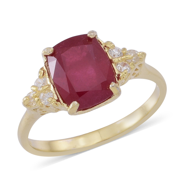 African Ruby (Cush 4.25 Ct), White Zircon Ring in 9K Gold Overlay Sterling Silver 4.550 Ct.
