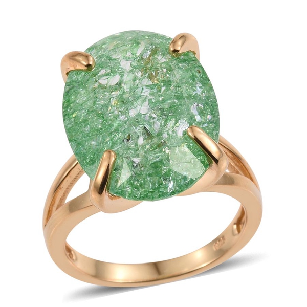 16.50 Ct Emerald Green Crackled Quartz Solitaire Ring in 14K Gold Plated Silver 6.64 Grams