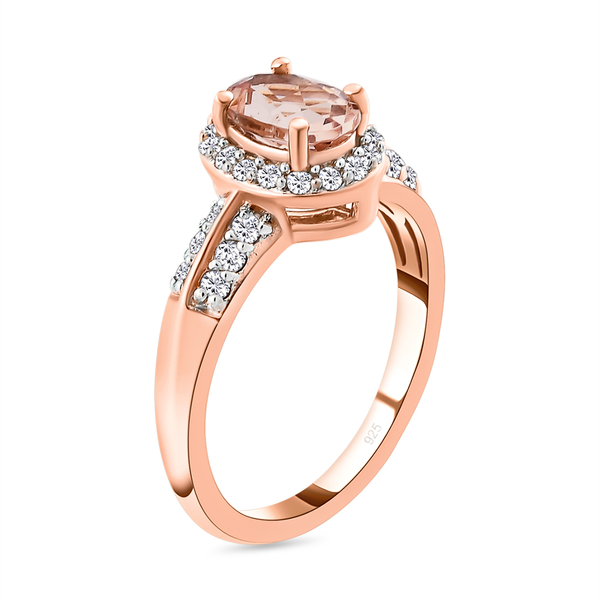 Morganite, Natural Cambodian Zircon and Coffee Zircon Ring in Vermeil Rose Gold Overlay Sterling Silver 1.19 Ct.