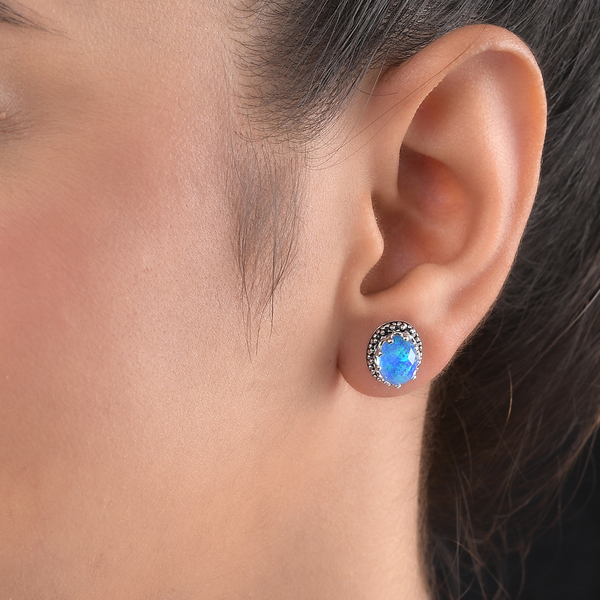 Sajen Silver Cultural Flair Collection- Quartz Doublet Simulated Opal Blue Earrings (with Push Back) in Rhodium Overlay Sterling Silver 2.60 Ct.