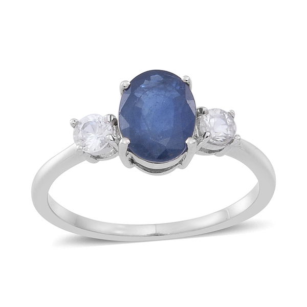1.50 Ct Blue Sapphire and Zircon Trilogy Ring in 9K White Gold