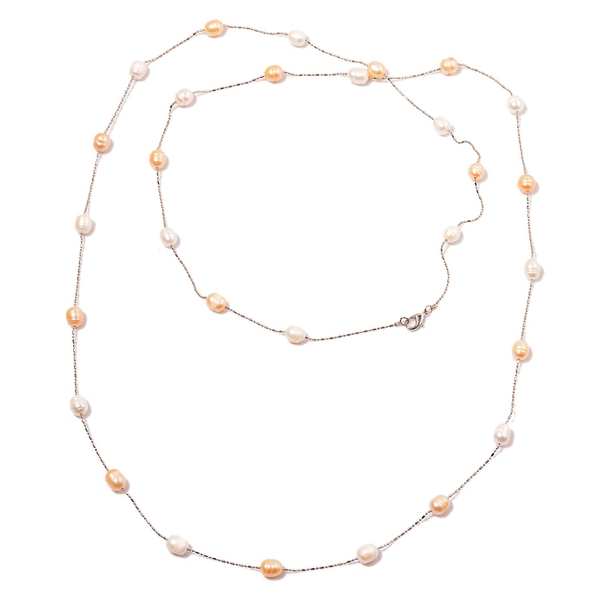 Fresh Water Peach and White Pearl Necklace (Size 48) in Silver Tone