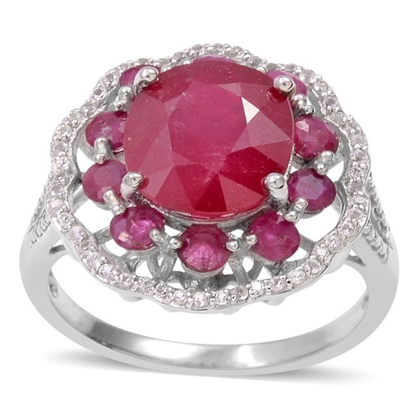 African Ruby (Ovl 5.00 Ct), Ruby and Natural Cambodian White Zircon Ring in Rhodium Plated Sterling 