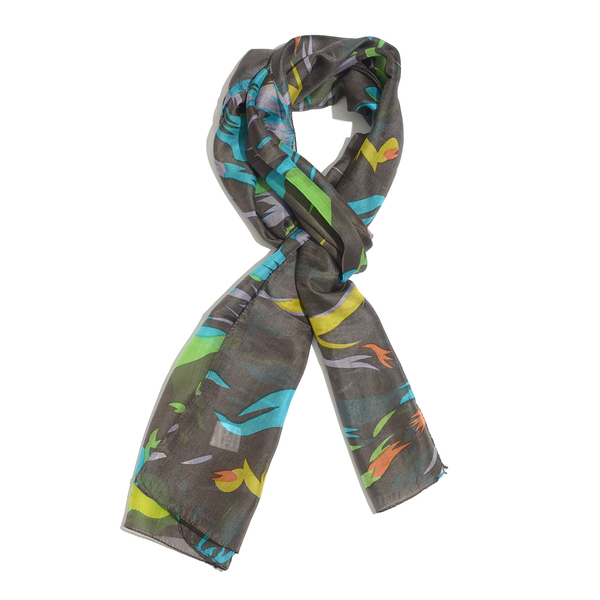 100% Mulberry Silk Lilac, Green and Multi Colour Abstract Pattern Scarf (Size 180x50 Cm)