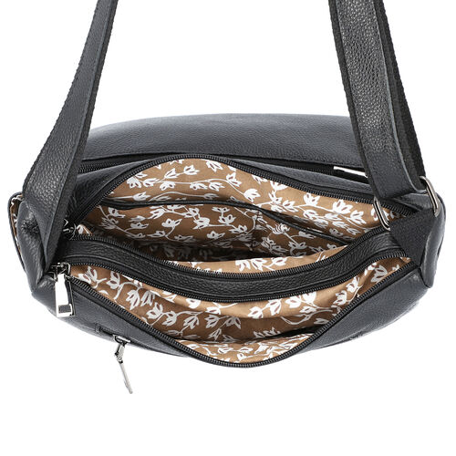 100 Genuine Leather Multiple Pocket Black Crossbody Bag with Zipper