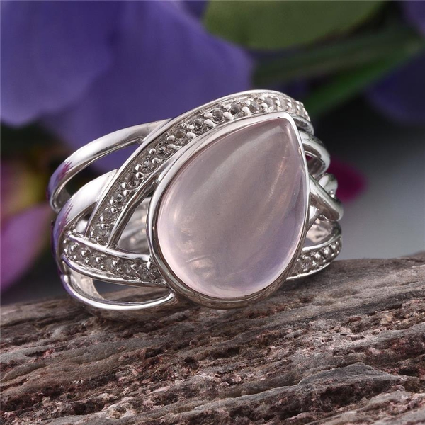 Rose Quartz (Pear 8.00 Ct), White Topaz Ring in Platinum Overlay Sterling Silver 8.500 Ct.