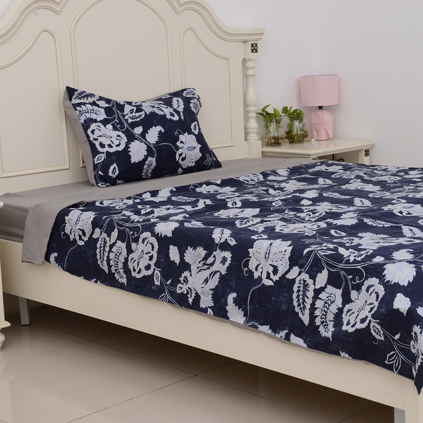 3 Pcs Microfibre Printed Fabric with Blue Duvet Cover (Size 200x140 Cm), Grey Fitted Sheet (Size 220