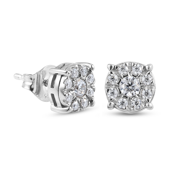 Moissanite Floral Stud Earrings (with Push Back) in Platinum Overlay Sterling Silver