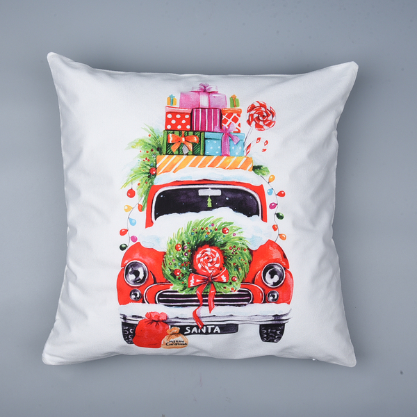 Christmas Theme LED Cushion Cover with Filling (Size 45 Cm) - White & Multi -  Requires 2AA Batteries (not Incld)