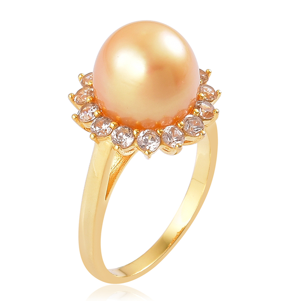 Limited Available- Very Rare South Sea Golden Pearl (Rnd 11.5-12mm), Natural Cambodian Zircon Ring in Yellow Gold Overlay Sterling Silver