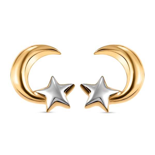Platinum and Yellow Gold Overlay Sterling Silver Star & Moon Stud Earrings (With Push Back)
