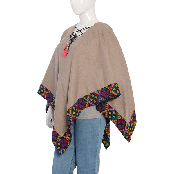 Hand Woven Traditional Kullu Weave Poncho with Woollen Border Free Size Khaki and Multi Colour