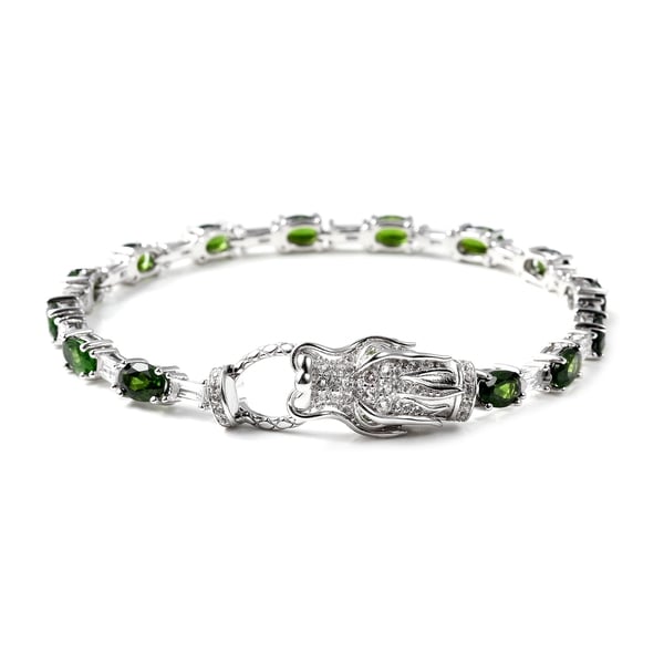 10 Ct  Diopside and White Topaz Dragon Head Tennis Bracelet in Rhodium Plated Silver 8 Inch