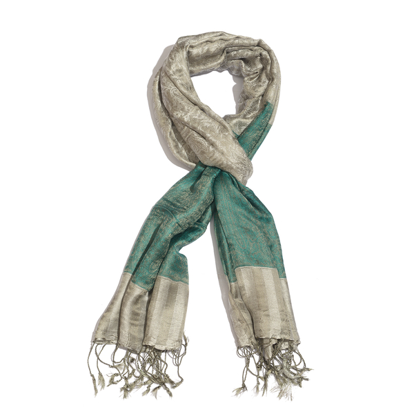 Superfine Silk Blend - Floral Pattern Grey and Green Colour Scarf (Size 210x80 Cm)