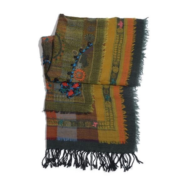 Designer Inspired 100% Merino Wool Flowers Embroidered Yellow Blue and Multi Colour Scarf (180x70 Cm)