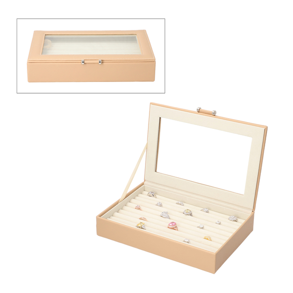 Portable Anti Tarnish Lining Jewellery Box with Glass Window (Size:26.7x17.8x5.5Cm) - Beige