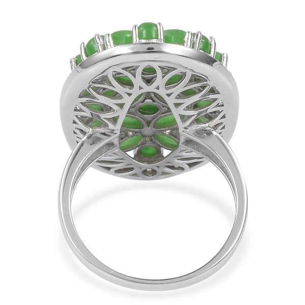 Green Jade (Mrq), Natural White Cambodian Zircon Flower Ring in Rhodium Plated Sterling Silver 9.420 Ct. Silver wt 6.79 Gms.