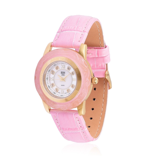 Limited Edition - EON Swiss Movement Hand Carved AAA Pink Jade and White Topaz 3ATM Water Resistant Watch with Genuine Leather Strap 16.140 Ct.