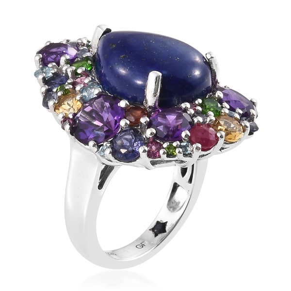 GP Lapis Lazuli (Pear 8.85 Ct), Amethyst and Multi Gemstone Ring in Platinum Overlay Sterling Silver 15.750 Ct, Silver wt 7.00 Gms.