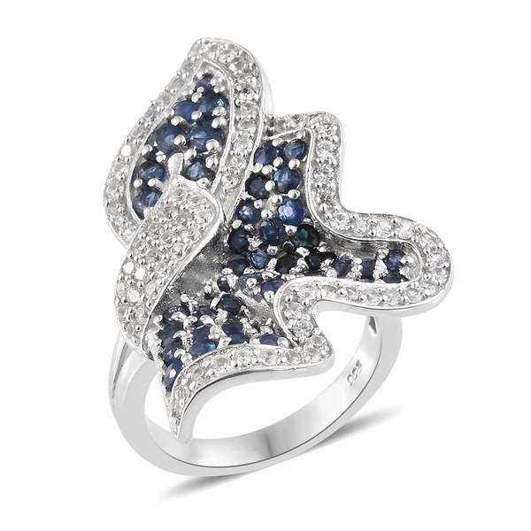 Blue Sapphire and Zircon Cluster Wave Ring in Platinum Plated Silver 7.70 Grams, 2.75 Ct