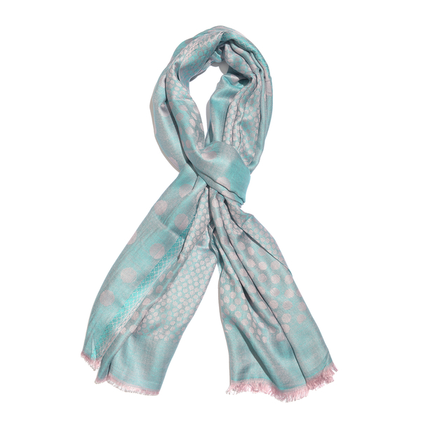 Blue and Light Pink Colour Polka Dots Pattern Reversible Jacquard Scarf with Fringes (Size 190X70 Cm