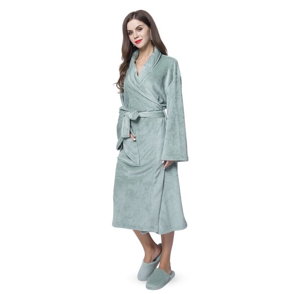 Supersoft Short Pile Microflannel Green Colour Bath Robe (Free Size) and Slippers