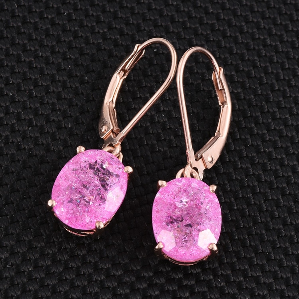 Hot Pink Crackled Quartz (Ovl) Lever Back Earrings in Rose Gold Overlay Sterling Silver 5.000 Ct.