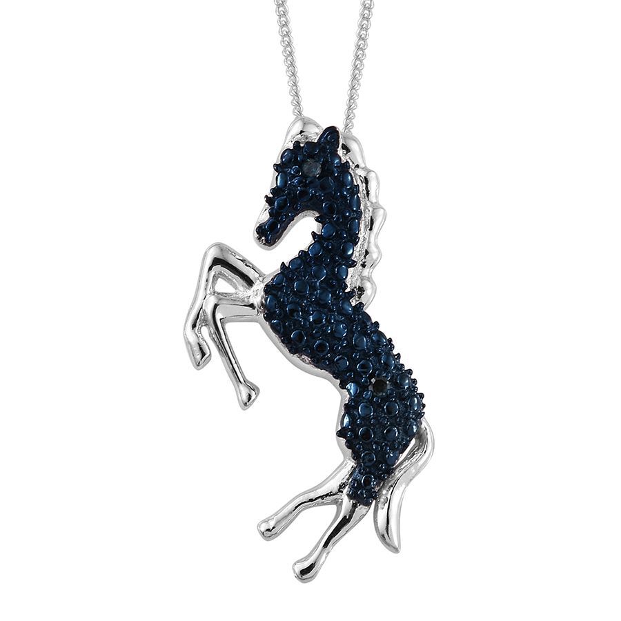 Blue Diamond (Rnd) Horse Pendant With Chain in Platinum Overlay Sterling Silver