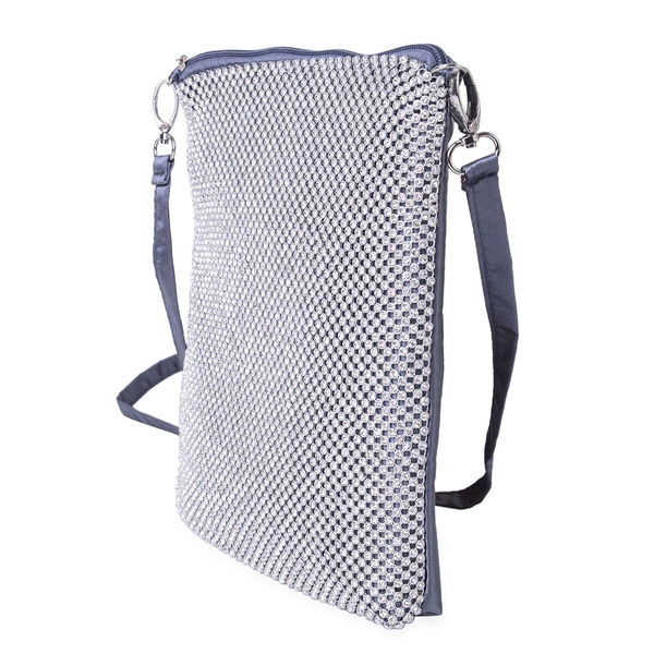 White Austrian Crystals Embellished Grey Colour Crossbody Bag (Size 26X22 Cm) with Removable Shoulder Strap