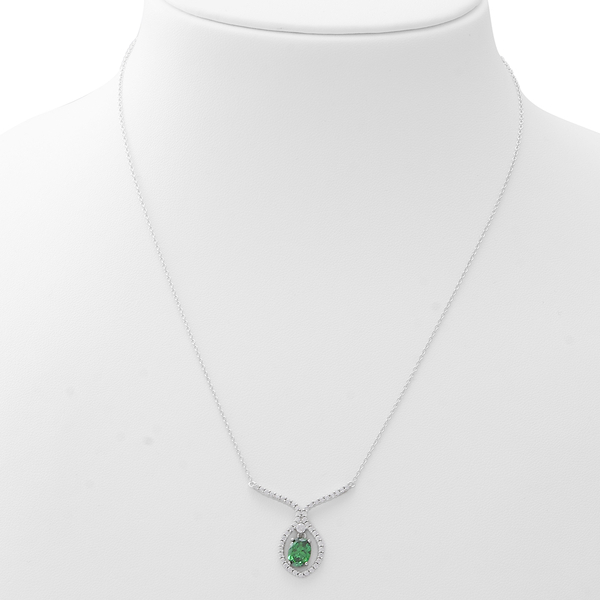 ELANZA Simulated Emerald and Simulated Diamond Necklace (Size 18) in Rhodium Overlay Sterling Silver