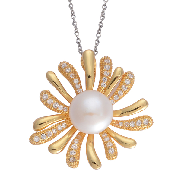 Fresh Water White Pearl and Simulated White Diamond Pendant in Gold Tone with Stainless Steel Chain 
