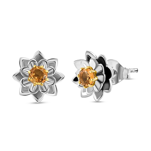Citrine Floral Stud Earrings (With Push Back) in Platinum and Gold  Overlay Sterling Silver