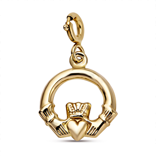9K Yellow Gold Claddagh Bolt Ring Charm Pendant With Spring Ring Clasp.