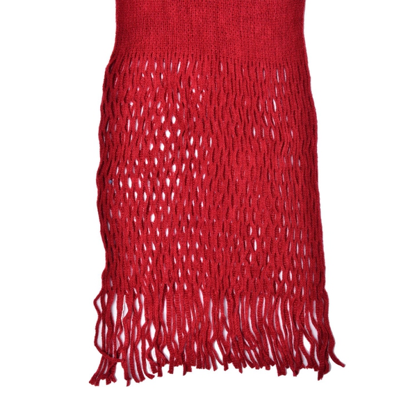 Net Design Knitted Red Colour Scarf with Fringes (Size 160x30 Cm)