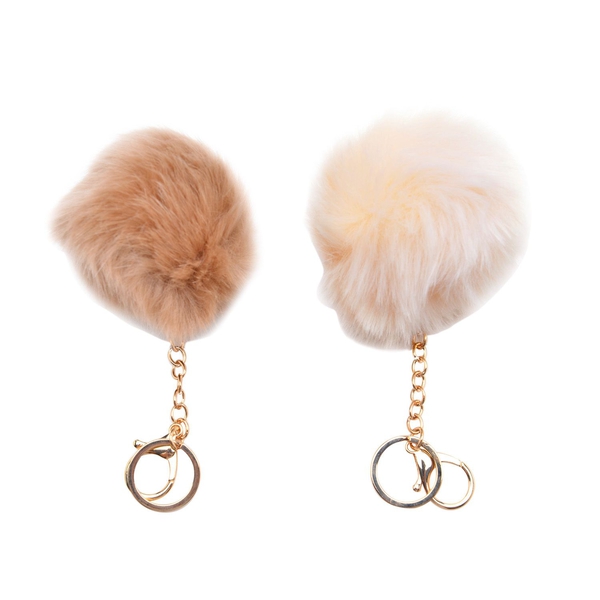 Set of 2 -  Faux Fur Cream and Light Brown Colour Fluffy Pom Pom Key Chain in Gold Tone (Size 10 Cm)