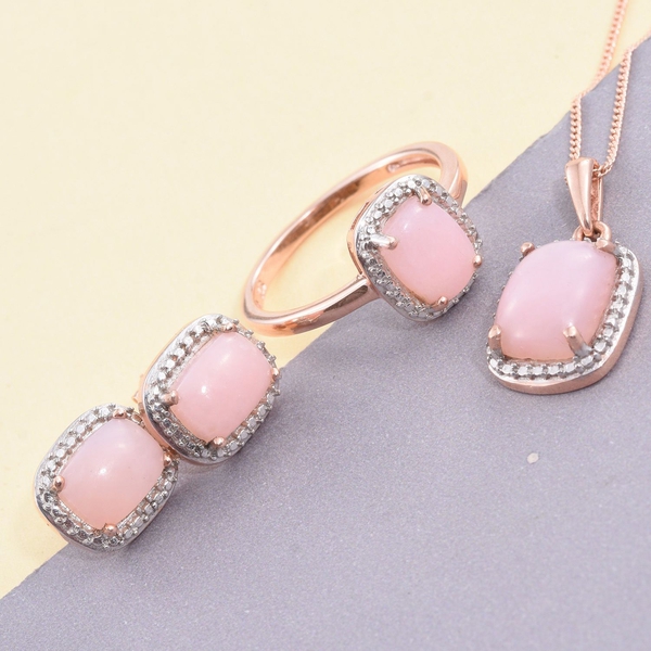 Natural Peruvian Pink Opal (Cush) Solitaire Ring, Pendant With Chain and Stud Earrings (with Push Back) in Rose Gold Overlay Sterling Silver 6.250 Ct.