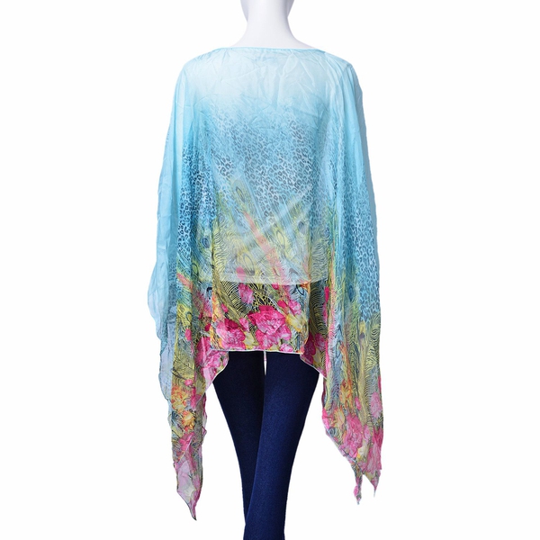 Black and Multi Colour Leopard, Floral and Feather Pattern Blue Colour Poncho (Size 135x70 Cm)