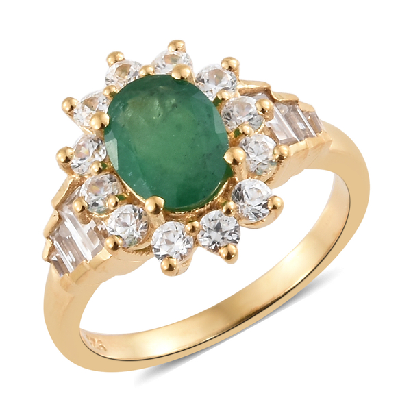 2.35 Ct AA Zambian Emerald and Cambodian Zircon Halo Ring in Gold Plated Sterling Silver