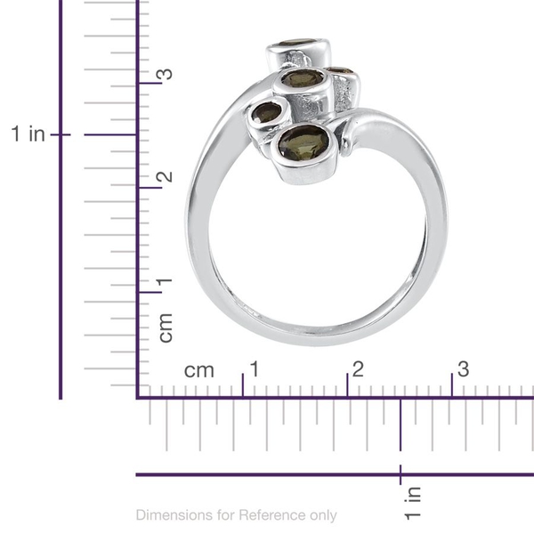 Bohemian Moldavite (Rnd) 5 Stone Crossover Ring in Platinum Overlay Sterling Silver 0.650 Ct.