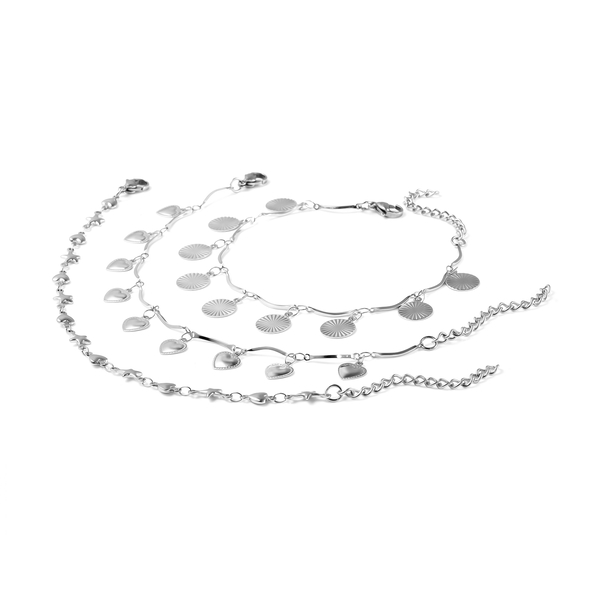 Set of 3 - Charm Bracelet (Size 7.5 with 2 inch Extender) in Stainless Steel