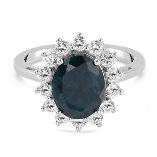 Teal Grandidierite and Natural Cambodian Zircon Ring in Platinum Overlay Sterling Silver 3.720 Ct.